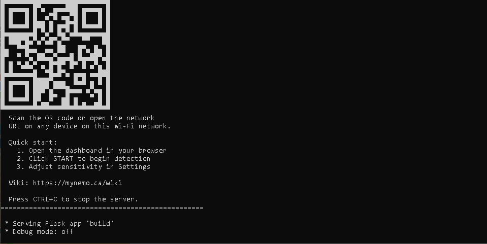 Nemo server terminal displaying QR code